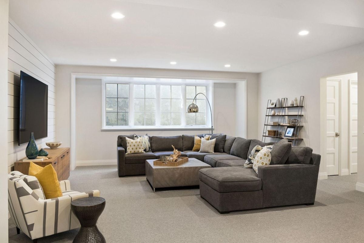 Recreation room with a carpet flooring, couches and TV.