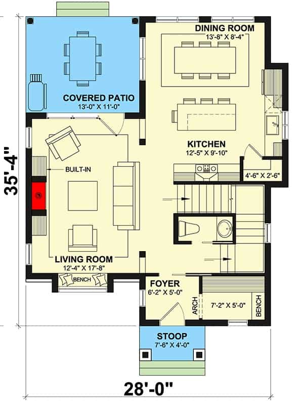 Main level floor plan of the storybook 4-bedroom two-story cottage with foyer, living room, dining area, kitchen, and a covered patio.