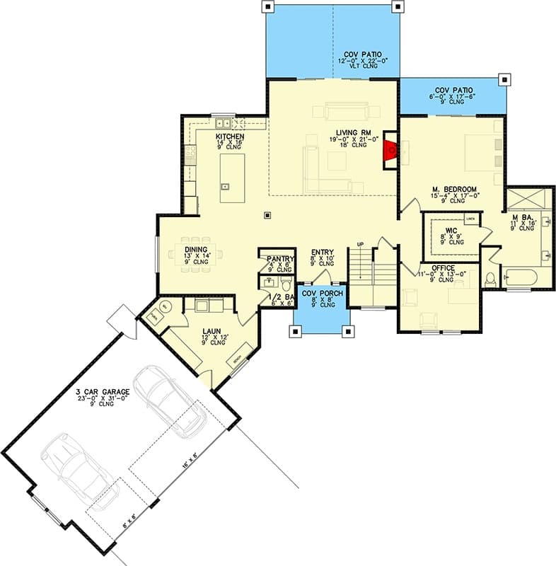 Main level floor plan of a craftsman style two-story 4-bedroom home with foyer, living room, kitchen, dining area, primary suite, home office, and laundry leading to the garage.