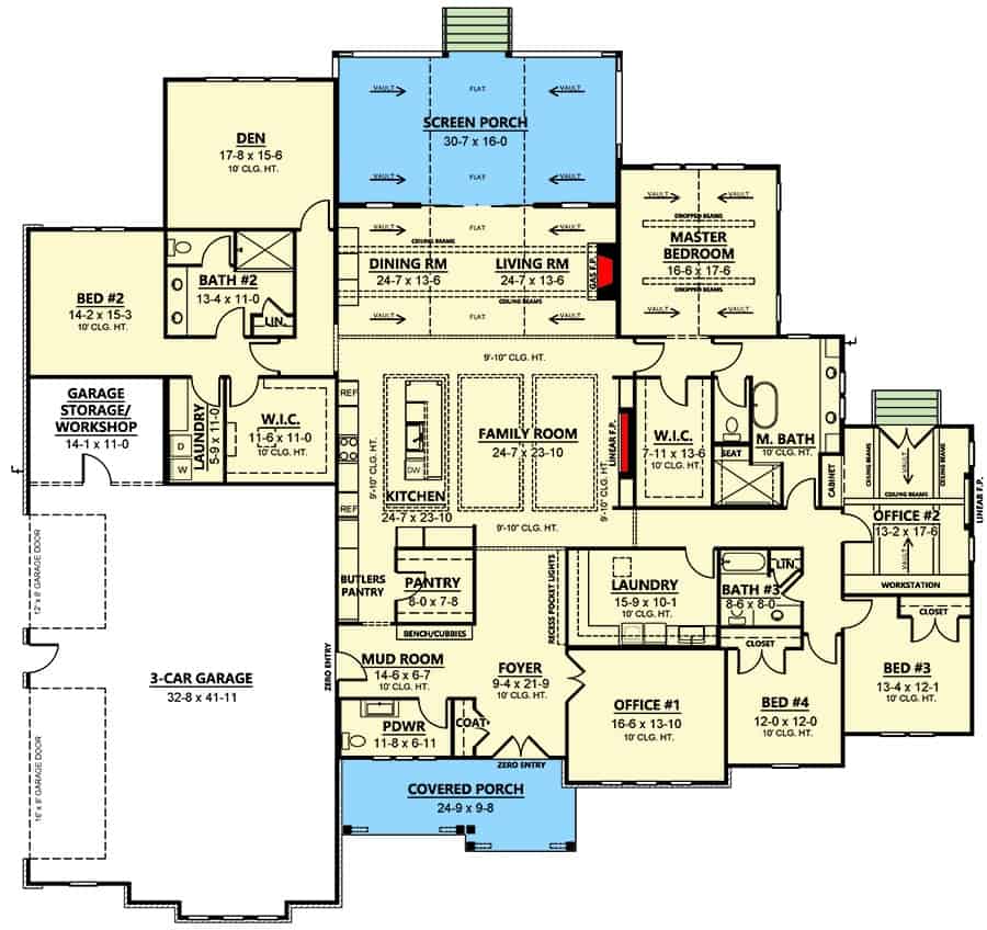 Main level floor plan of a single-story 4-bedroom New American home with foyer, family room, kitchen, dining room, living room, four bedrooms, a den, and a mudroom leading to the garage.