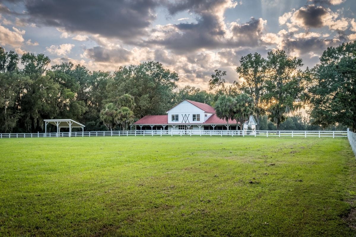 Barn with white gable fencing,