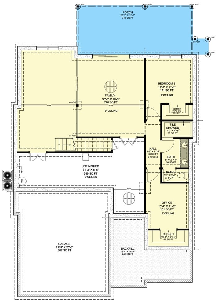 Lower level floor plan with a bedroom, an office, and a family room that opens to a covered porch.