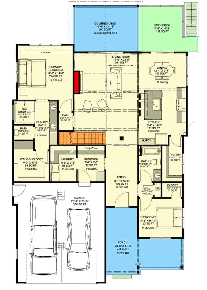 Main level floor plan of a country style 3-bedroom single-story craftsman with foyer, living room, dining area, kitchen, two bedrooms, laundry, and mudroom leading to the garage.