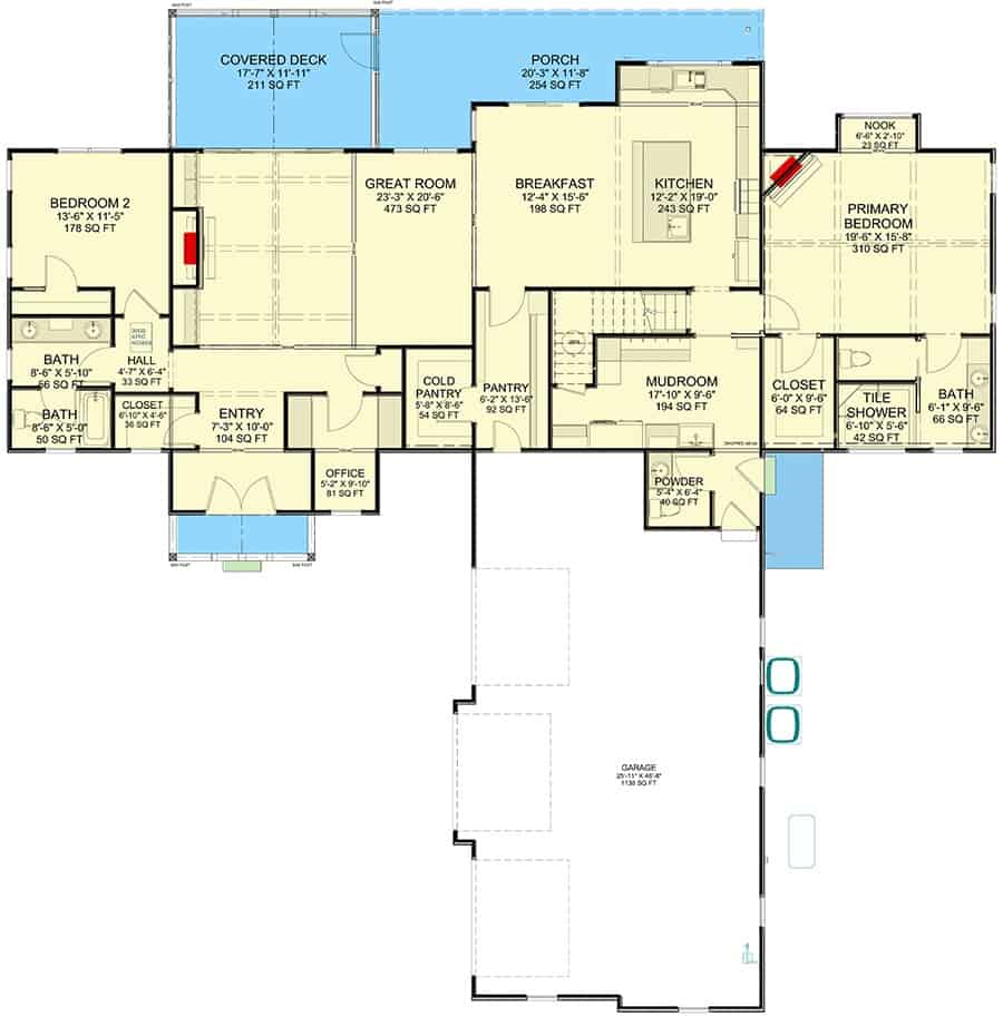 Main level floor plan of a New American style two-story 4-bedroom farmhouse with foyer, great room, breakfast room, kitchen, two bedrooms, home office, and mudroom leading to the garage.