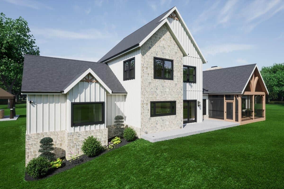 Rear-right view with mixed sidings, sliding windows, and a screened porch.