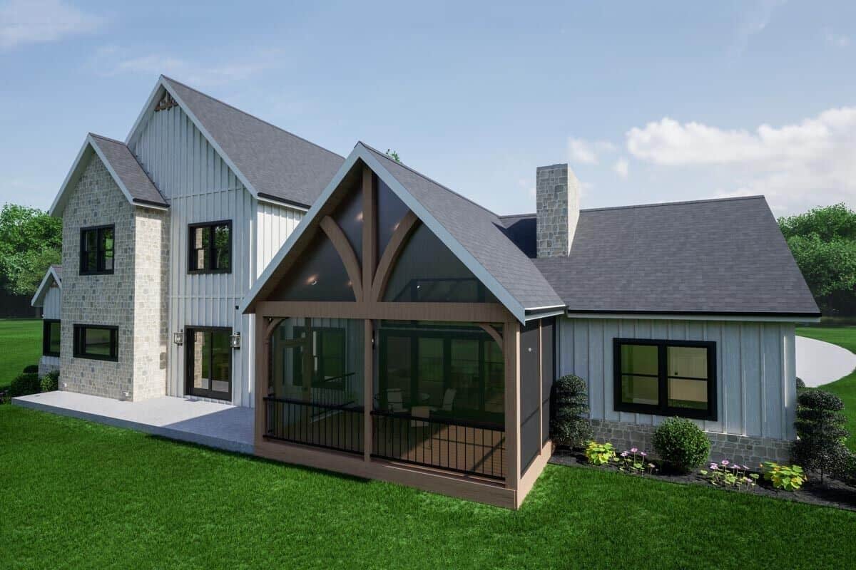 Rear-left view with a stone chimney and a screened porch framed with timber accents.