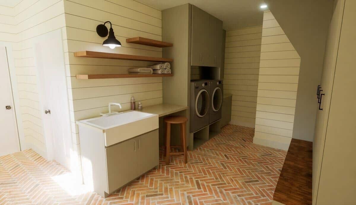 Laundry room with a utility sink, a small counter, and floating shelves fixed against the shiplap wall.