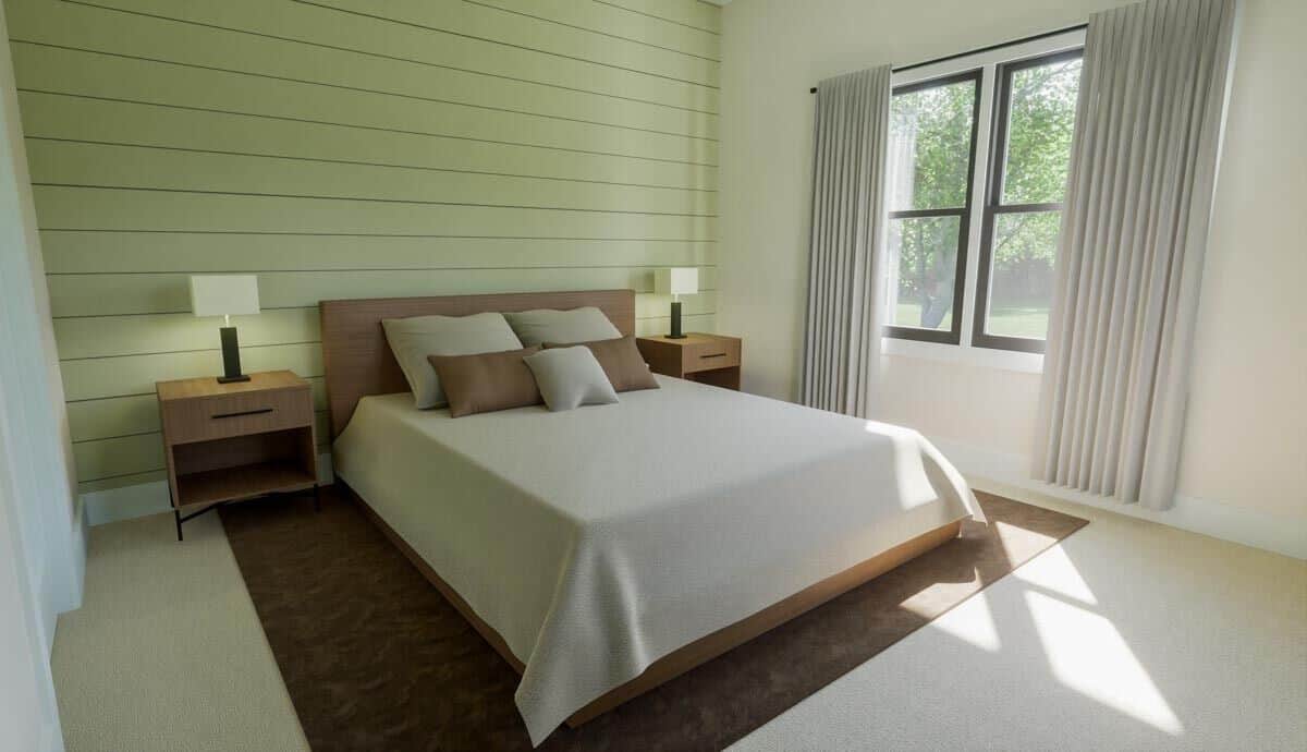 Secondary bedroom with a wooden bed and matching nightstands against the shiplap accent wall.