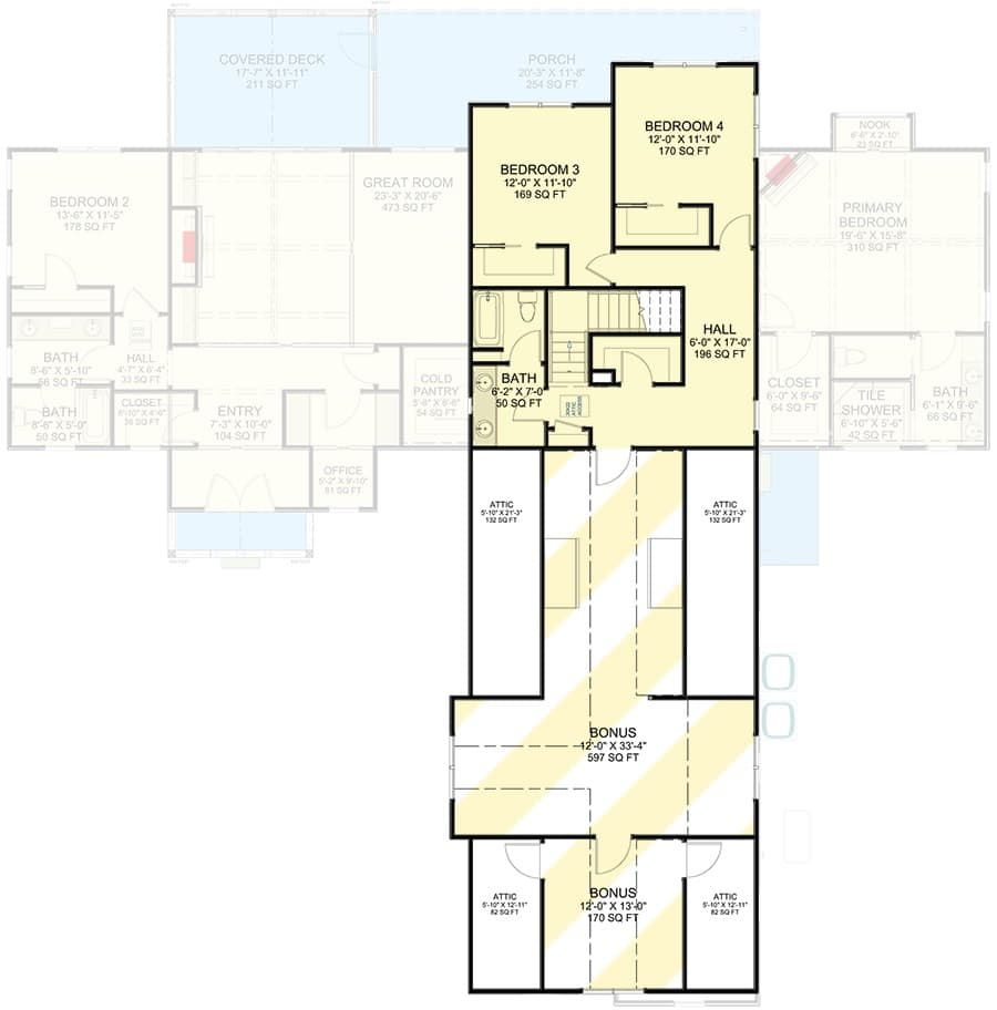 Second level floor plan with two bedrooms, a shared bath, and a bonus room.