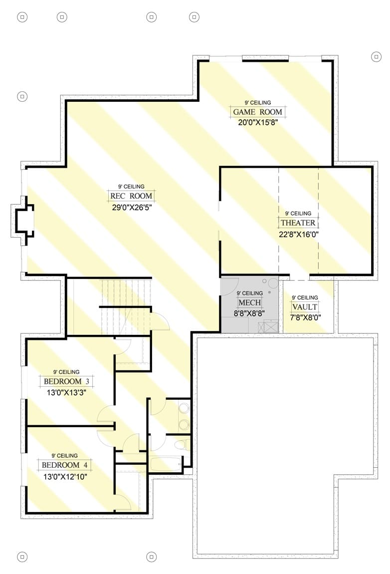 Lower level floor plan with two bedrooms, home theater, a rec room, and a game room.