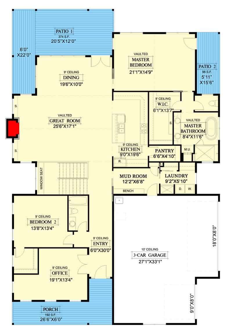 Main level floor plan of a New American style 4-bedroom single-story craftsman cottage with foyer, office, great room, dining area, kitchen, primary suite, laundry, and mudroom leading to the garage.
