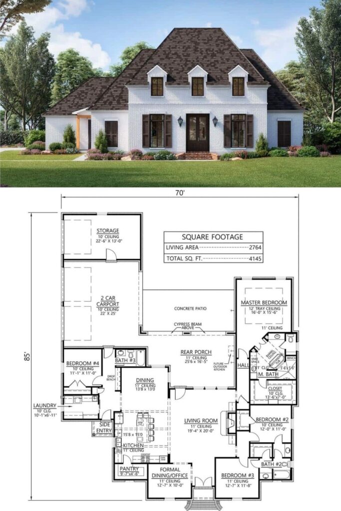 French Country Style 4-Bedroom Single-Story Home for a Corner Lot with ...
