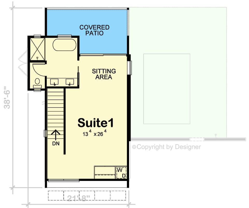 Second level floor plan with a primary suite and covered patio.
