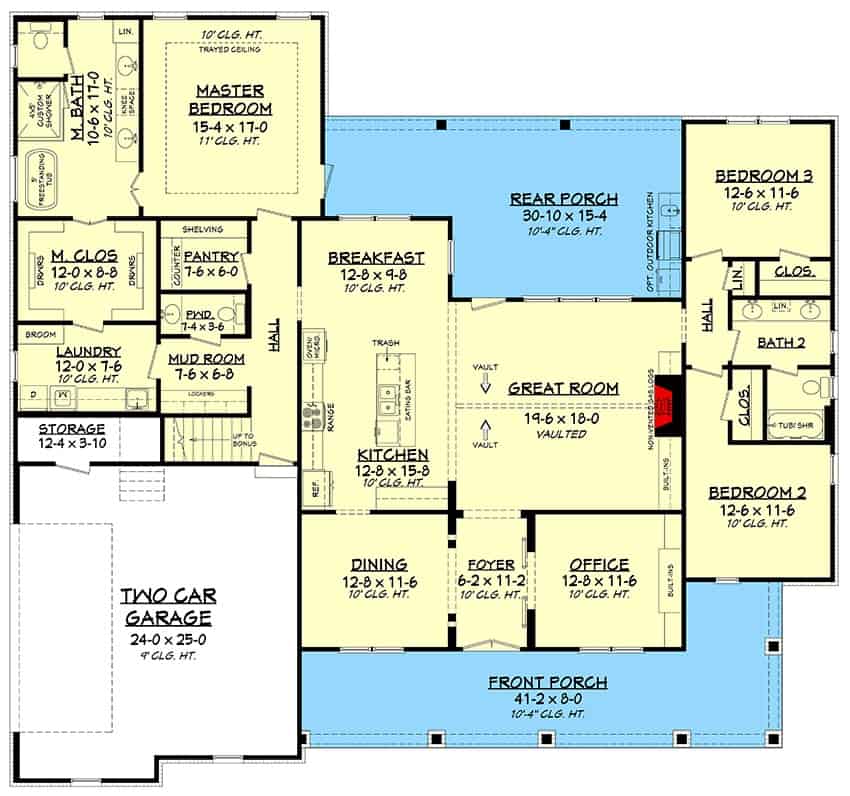 Main level floor plan of a modern farmhouse style 4-bedroom two-story home with foyer, office, dining room, great room, kitchen, breakfast nook, three bedrooms, laundry, and mudroom leading to the garage.