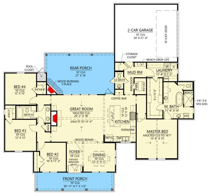 Main level floor plan of a modern 4-bedroom two-story farmhouse with foyer, great room, dining room, kitchen, four bedrooms, laundry, and mudroom leading to the garage.