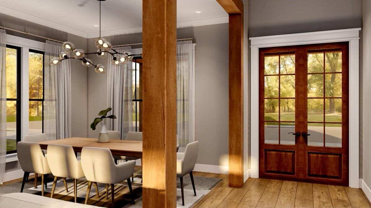 Foyer and dining room connected by openings.