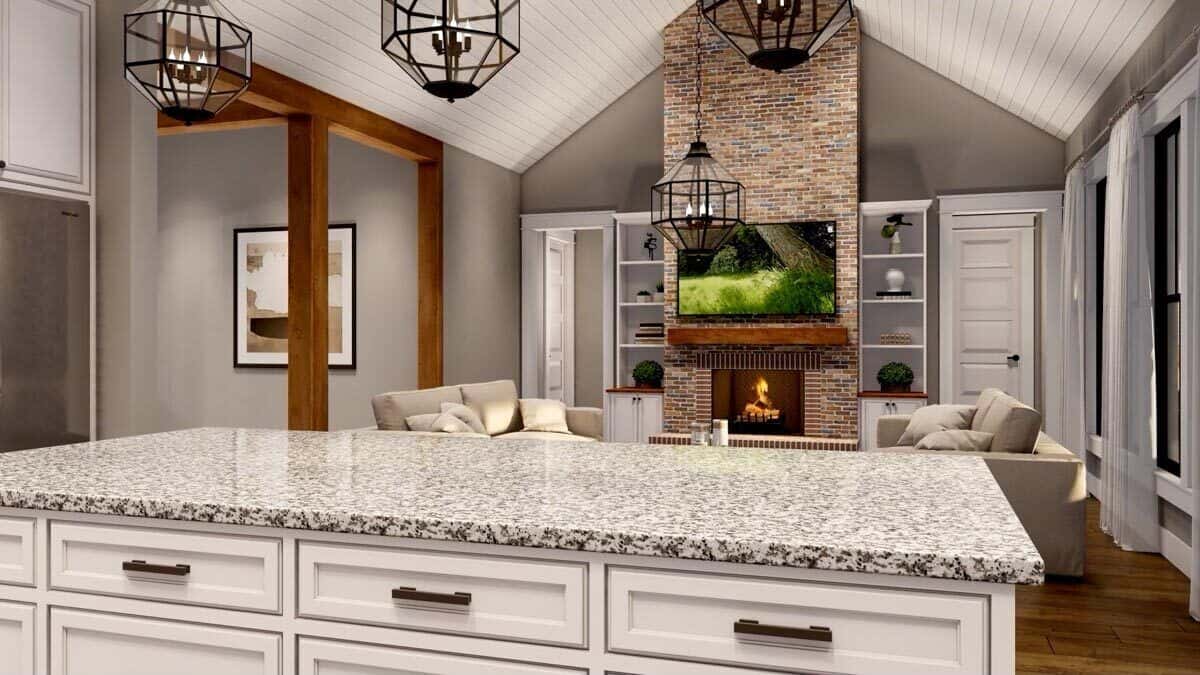 Kitchen island overlooking the vaulted great room.