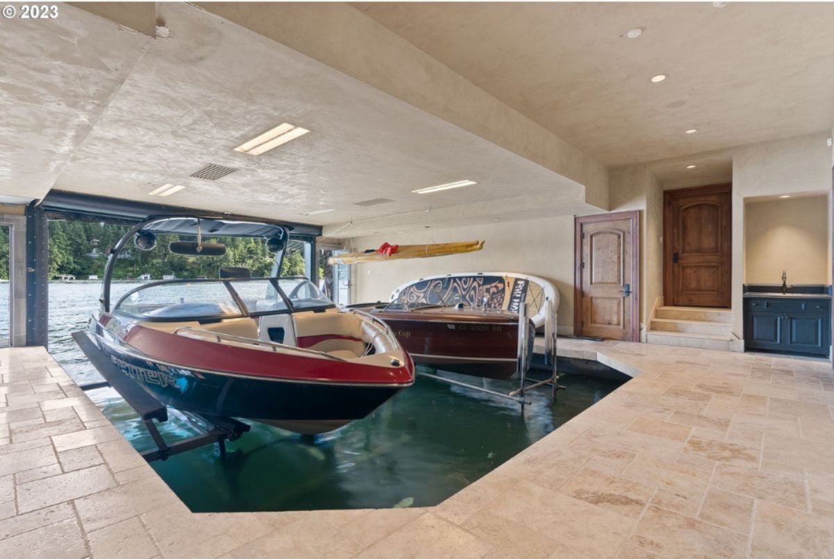 Dock with a boat and custom lights.