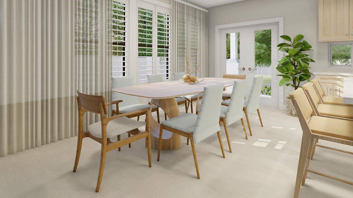 Dining area with a wooden dining table surrounded by cushioned chairs.