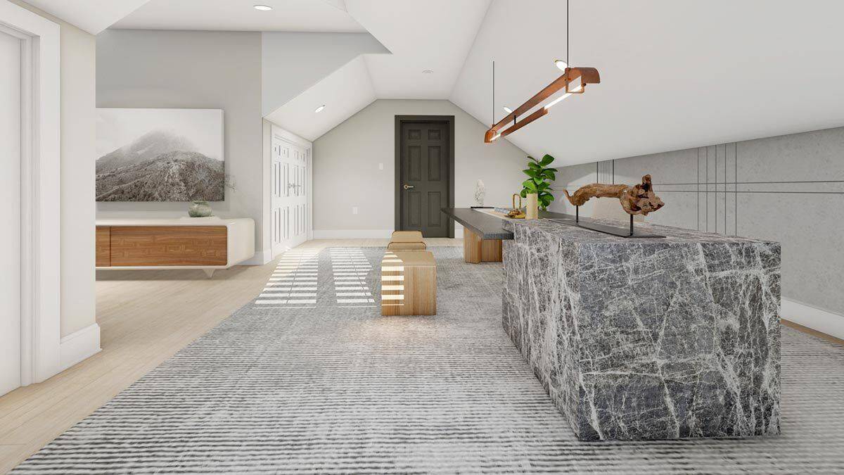 Flex room with a contemporary island paired with wooden seats.