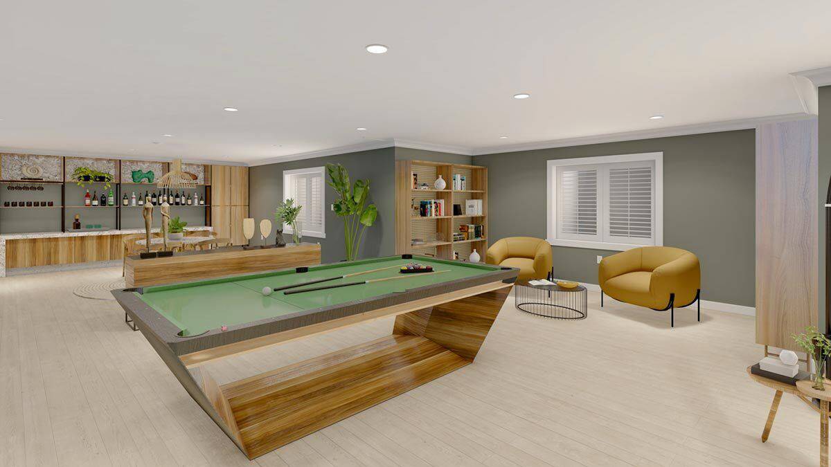 Game room with a sleek billiards table, round-back chairs, and multiple bars.