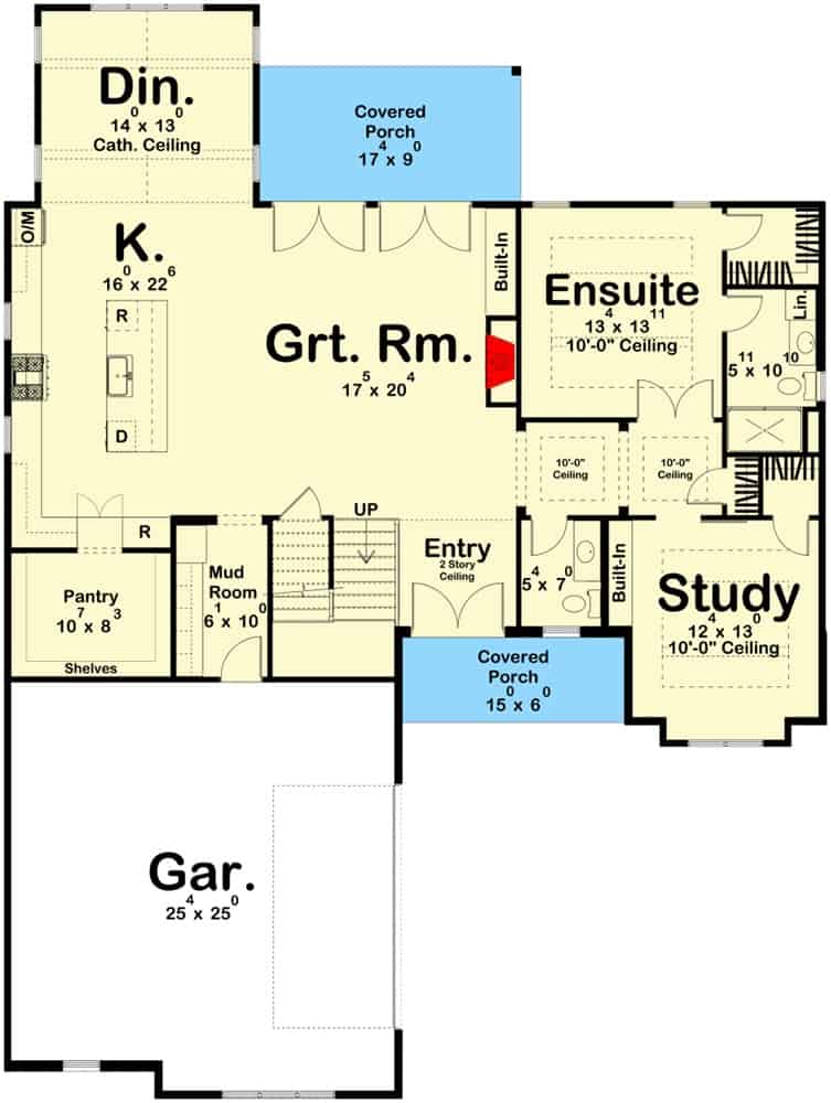 Main level floor plan of a two-story 5-bedroom transitional home with foyer, great room, kitchen, dining room, primary suite, study, and double garage.