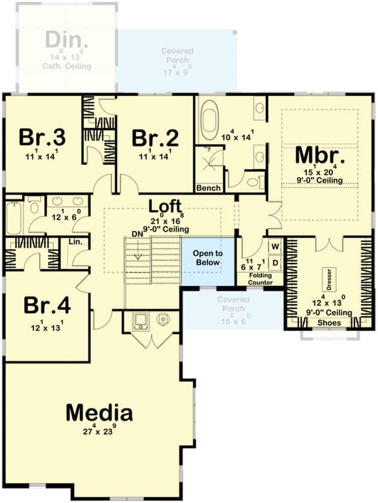 Second level floor plan with four bedrooms, a loft, a laundry room, and a media room.