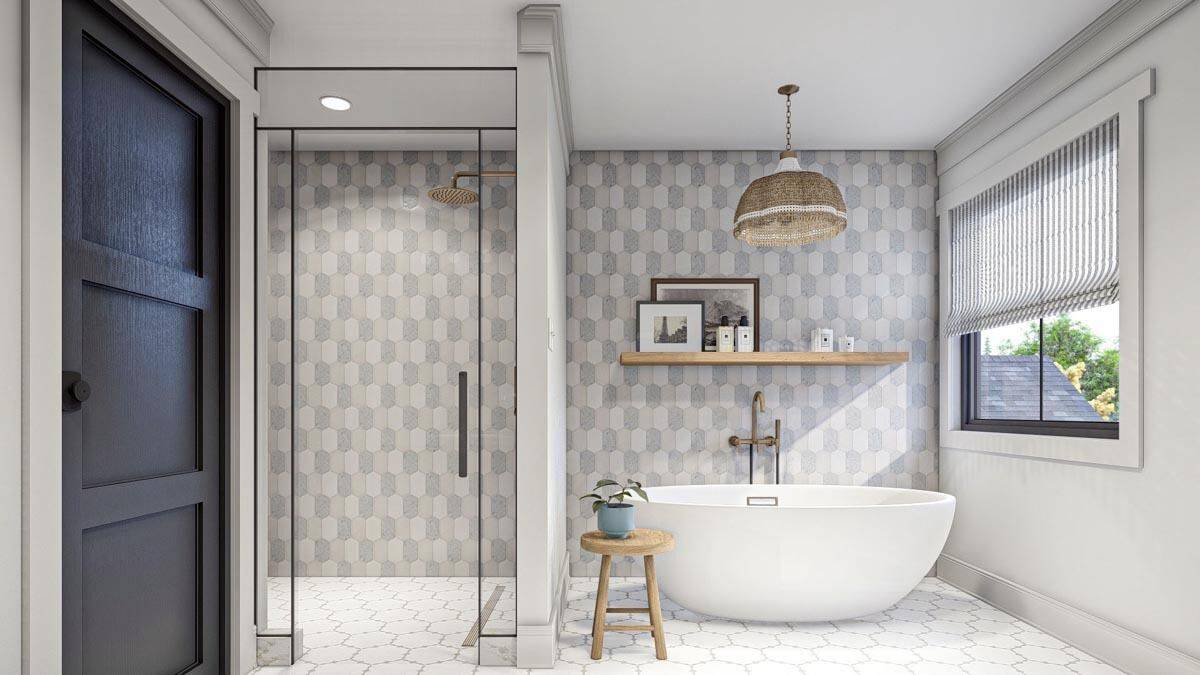 Primary bathroom with a walk-in shower and a soaking tub topped with a floating shelf and a dome chandelier.