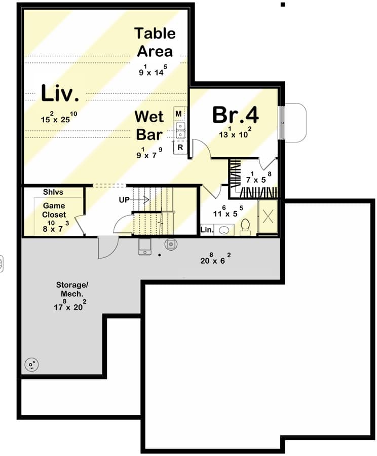 Lower level floor plan with a bedroom, a living room, a table area, and a wet bar.