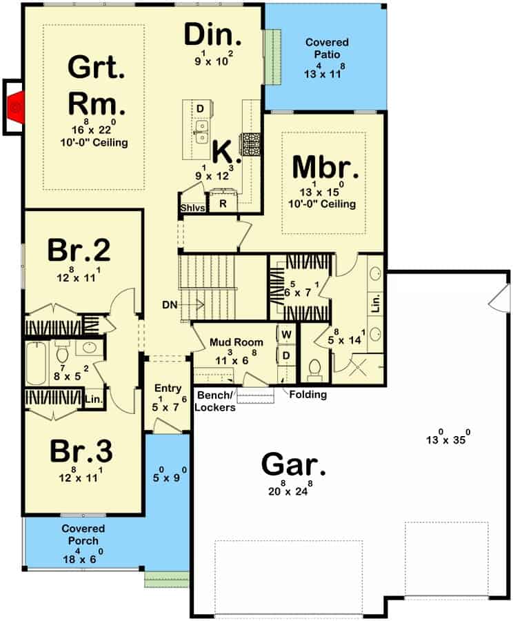 Main level floor plan of a contemporary single-story 4-bedroom farmhouse with foyer, great room, dining area, kitchen, three bedrooms, and a mudroom leading to the garage.