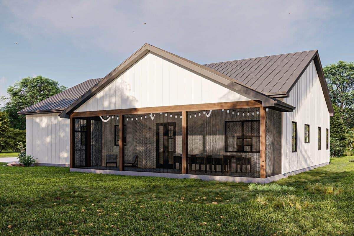 Rear-left view with vertical siding and a screened porch.