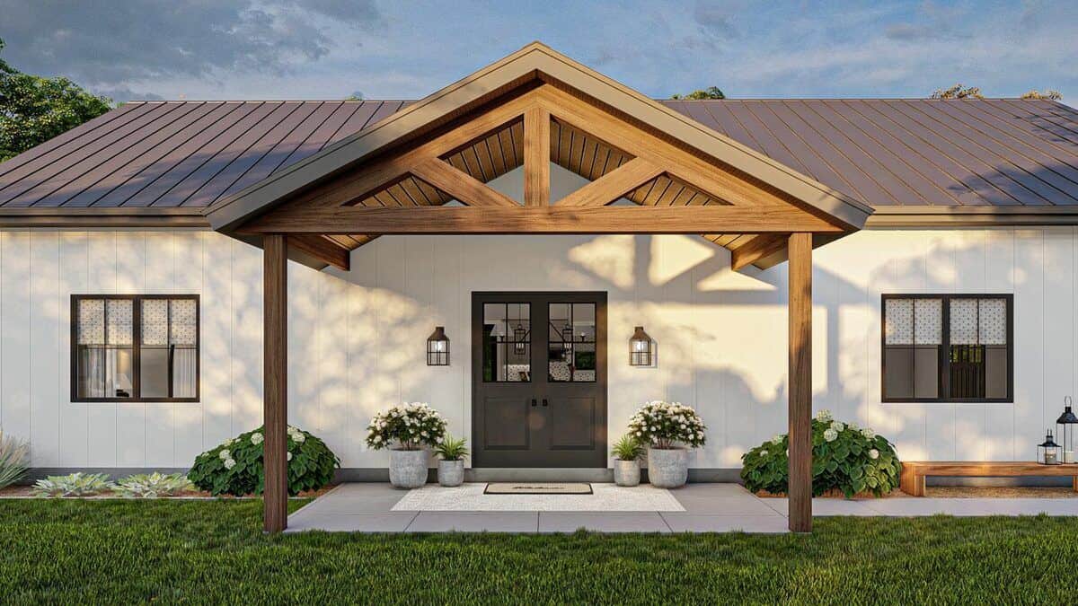 Entry porch with a wood-paneled ceiling, a French front door, and timber posts.