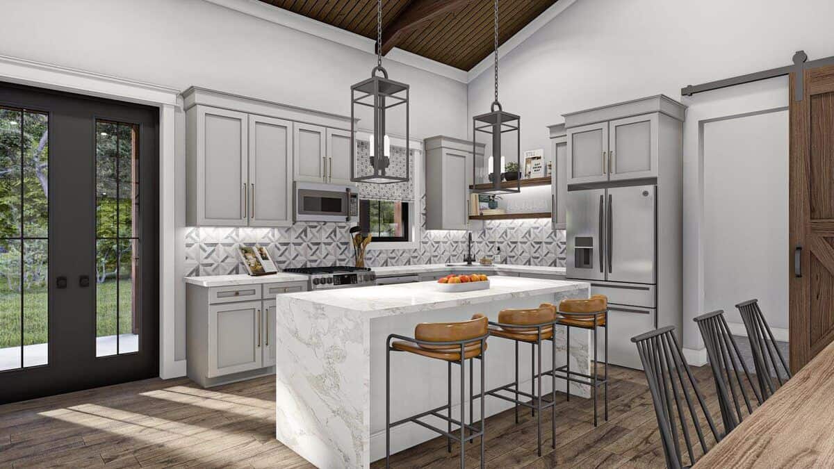 A French door extends the kitchen onto a screened porch.
