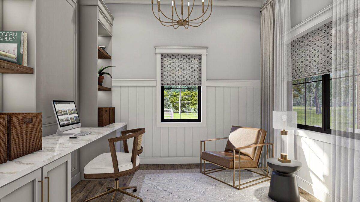The home office includes a leather chair complemented with a round side table.