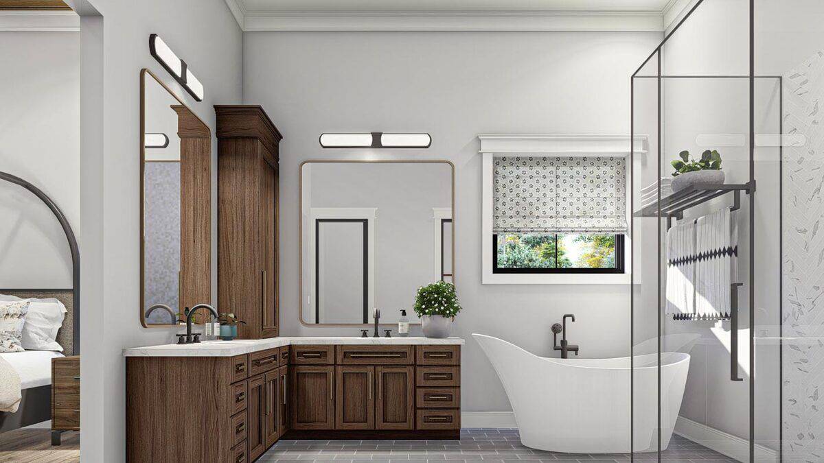 Primary bathroom with his and her sink vanities, a linen closet, and a soaking tub under the picture window.