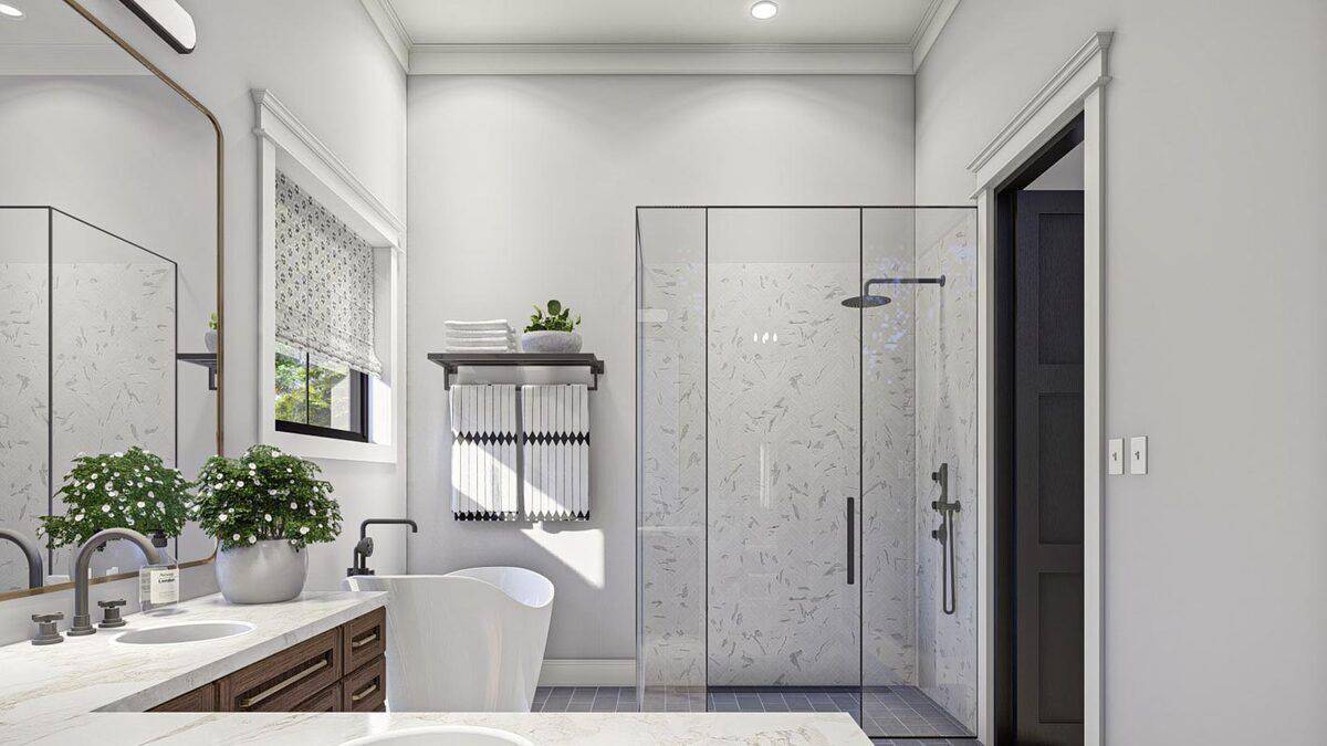 The primary bathroom includes a walk-in shower encased in glass panels.