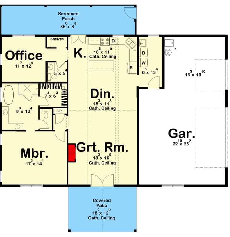 Main level floor plan of a 3-bedroom barndominium style single-story home with covered patio, great room, dining area, kitchen, primary bedroom, home office, screened porch, and laundry leading to the garage.