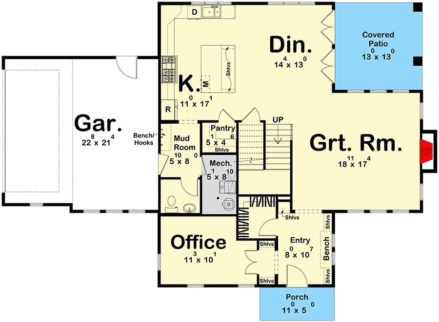 Main level floor plan of a two-story 3-bedroom Southern home with foyer, great room, kitchen, dining area, office, and mudroom leading to the garage.