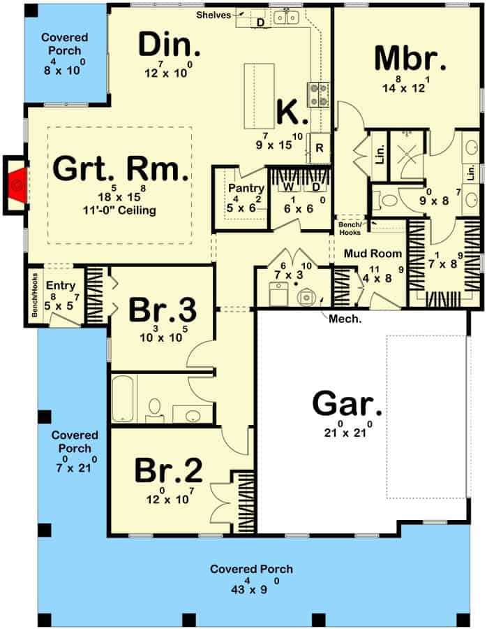 Main level floor plan of a 3-bedroom Southern style single-story home with an L-shaped front porch, foyer, great room, dining area, kitchen, three bedrooms, and mudroom leading to the garage.