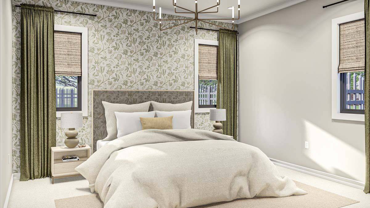 Primary bedroom with a foliage wallpaper, a custom bed, and light wood nightstands under the windows.