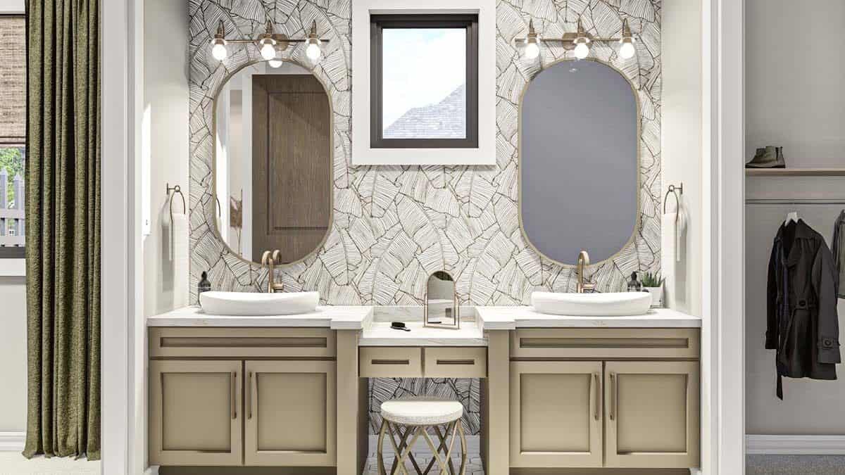 Primary bathroom with a dual sink vanity integrated with a makeup counter in the middle.