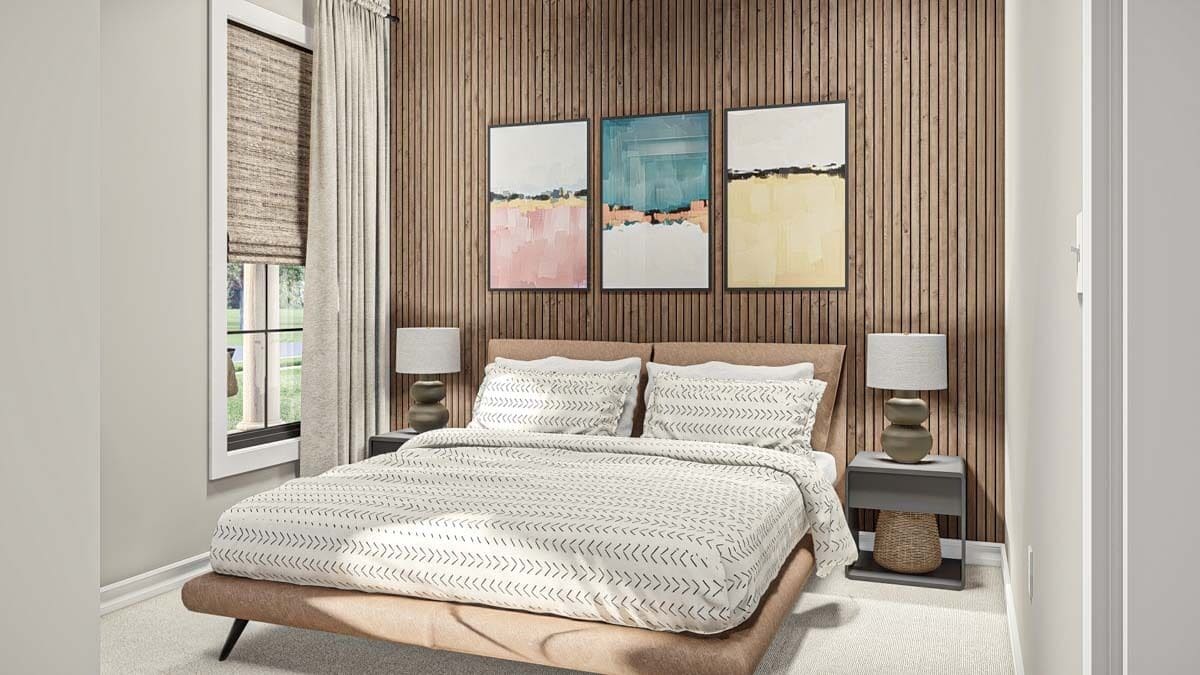 Secondary bedroom with modern nightstands and a platform bed against the fluted accent wall.