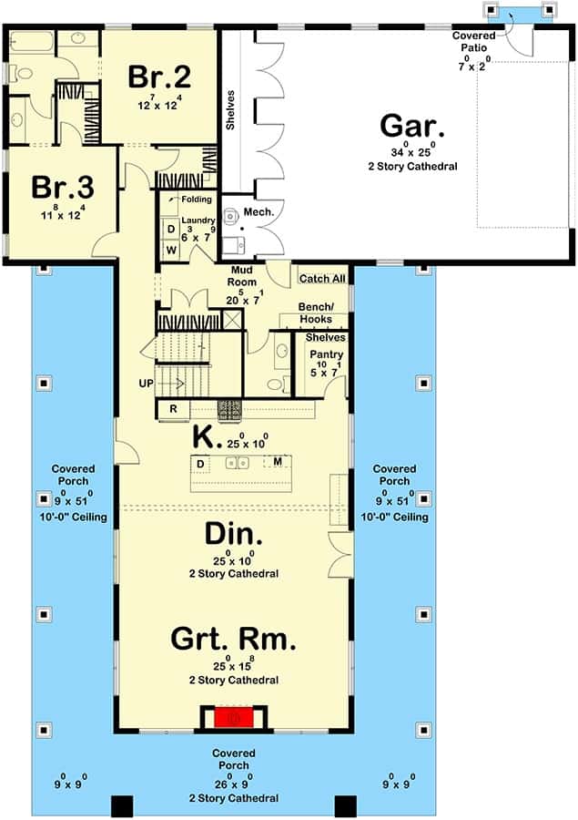 Main level floor plan of a two-story modern farmhouse style 3-bedroom barndominium with great room, dining area, kitchen, two bedrooms sharing a Jack and Jill bath, laundry, and mudroom leading to the garage.