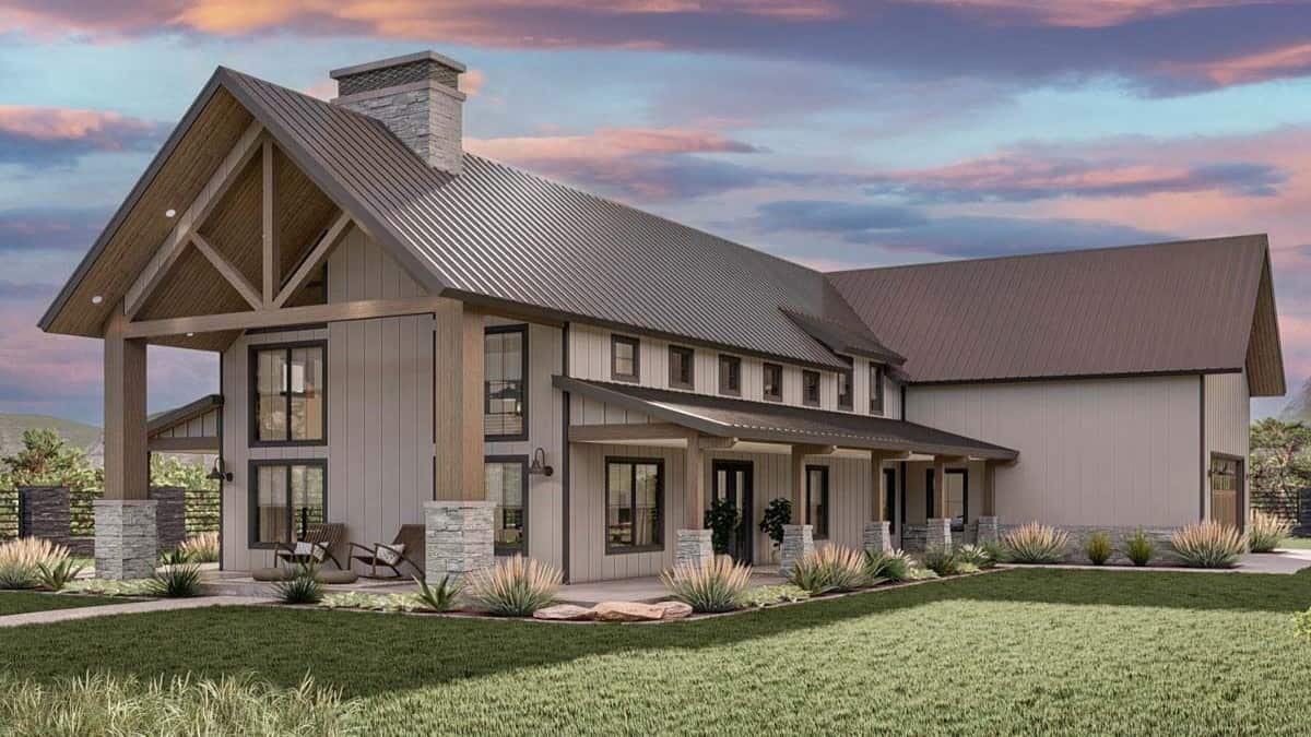 Two-Story Modern Farmhouse Style 3-Bedroom Barndominium with Loft and Wraparound Porch