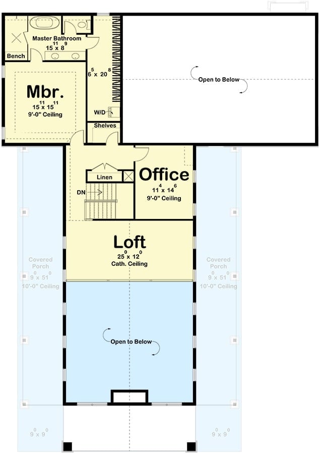 Second level floor plan with primary bedroom, home office, and a loft.