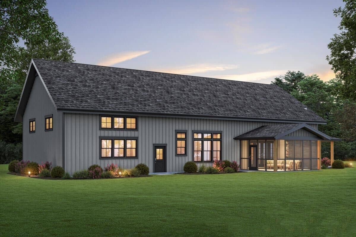 Left-rear view of the house with plenty of windows and a screened porch.