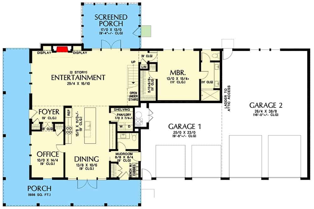 Main level floor plan of a barndo-style two-story 3-bedroom home with foyer, entertainment room, kitchen, dining area, home office, primary suite, and mudroom leading to the garage.