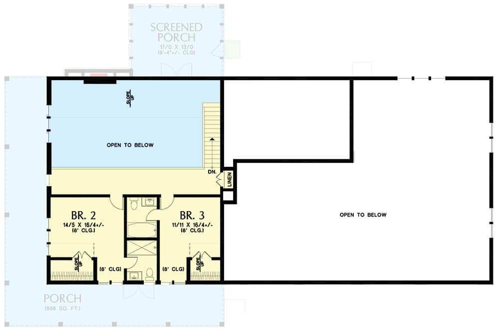 Second level floor plan with two bedroom suites.