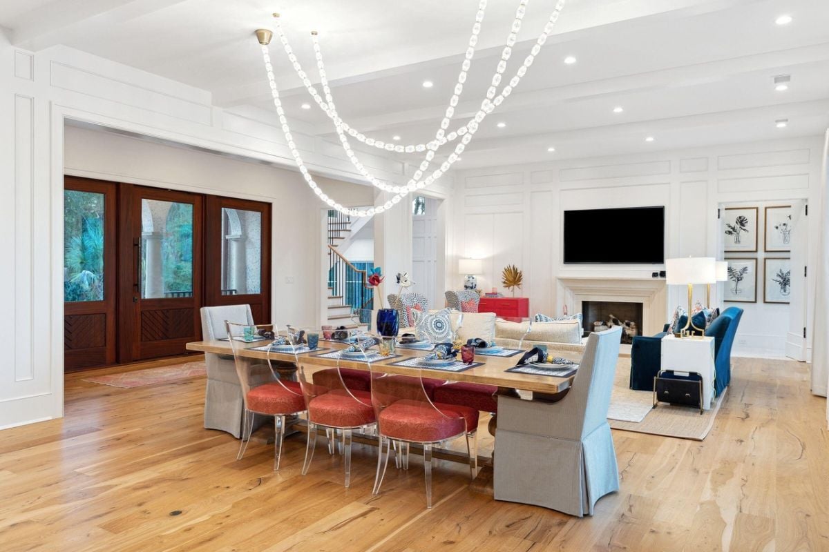 Dining room with a large table and chairs.