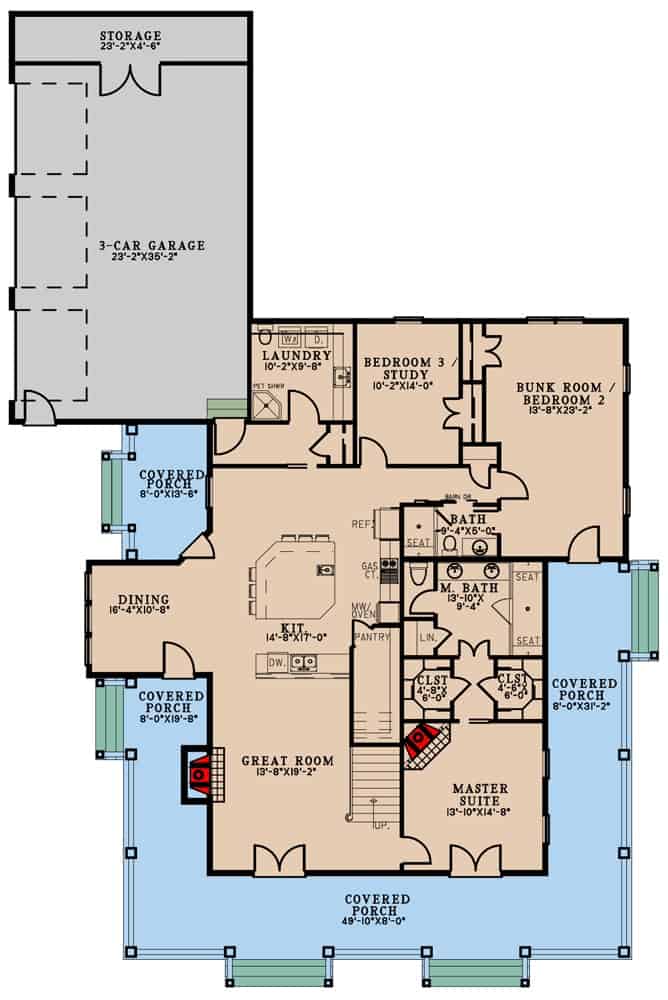 Main level floor plan of a modern farmhouse style 3-bedroom two-story home with great room, kitchen, dining area, three bedrooms, laundry leading to the garage, and a wraparound porch.